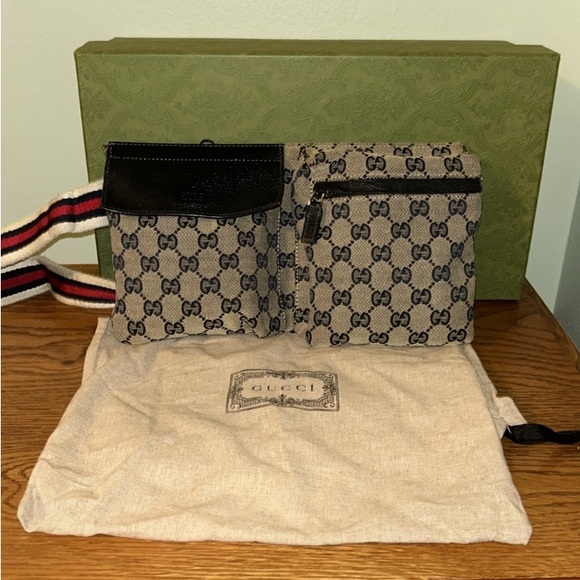 GUCCI Waist Pouch Shoulder Bum Bag Belt Bag GG Canvas Leather Beige Authentic. - Picture 1 of 9